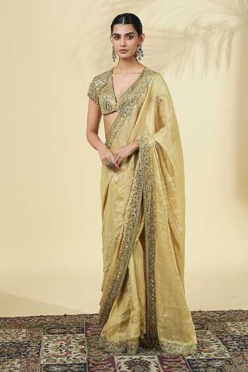 Buy_Arpita Mehta_Gold Silk, Tissue, Net V-neck Saree With Embroidered Blouse _at_Aza_Fashions