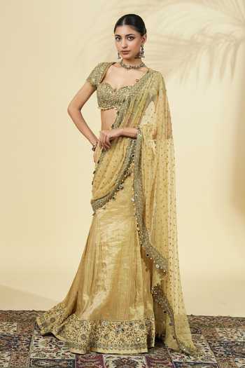 Arpita Mehta_Gold Silk, Tissue, Net Sweetheart Neck Saree With Embroidered Blouse _Online_at_Aza_Fashions