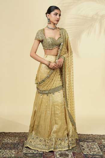 Buy_Arpita Mehta_Gold Silk, Tissue, Net Sweetheart Neck Saree With Embroidered Blouse _Online_at_Aza_Fashions