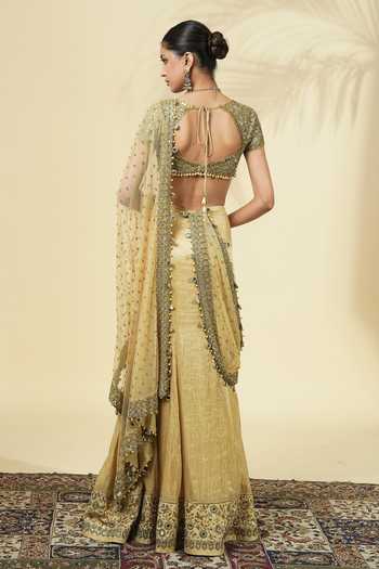 Shop_Arpita Mehta_Gold Silk, Tissue, Net Sweetheart Neck Saree With Embroidered Blouse _at_Aza_Fashions