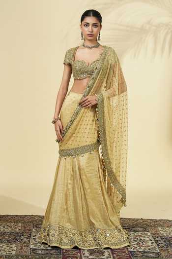 Buy_Arpita Mehta_Gold Silk, Tissue, Net Sweetheart Neck Saree With Embroidered Blouse _at_Aza_Fashions