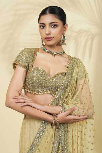 Shop_Arpita Mehta_Gold Silk, Tissue, Net Sweetheart Neck Saree With Embroidered Blouse _Online_at_Aza_Fashions