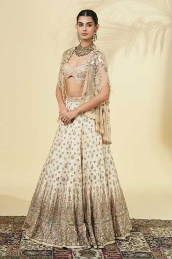Arpita Mehta_Off White Silk, Net Sweetheart Neck Hand Embroidered Cape Lehenga Set _Online_at_Aza_Fashions