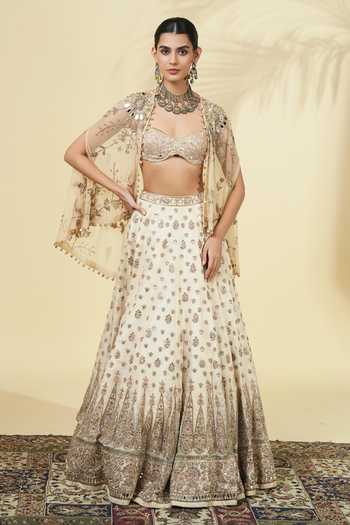 Buy_Arpita Mehta_Off White Silk, Net Sweetheart Neck Hand Embroidered Cape Lehenga Set _at_Aza_Fashions
