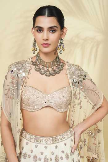 Arpita Mehta_Off White Silk, Net Sweetheart Neck Hand Embroidered Cape Lehenga Set _at_Aza_Fashions