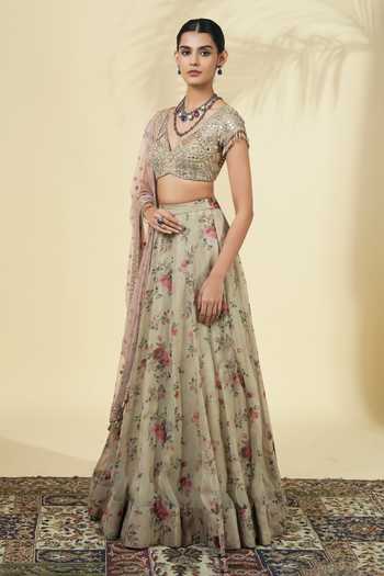 Arpita Mehta_Rose Gold Net, Organza V-neck Vintage Print Lehenga Set _Online_at_Aza_Fashions