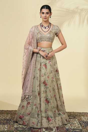 Buy_Arpita Mehta_Rose Gold Net, Organza V-neck Vintage Print Lehenga Set _at_Aza_Fashions