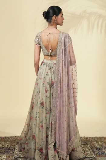 Shop_Arpita Mehta_Rose Gold Net, Organza V-neck Vintage Print Lehenga Set _at_Aza_Fashions
