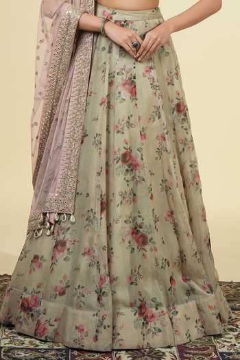 Buy_Arpita Mehta_Rose Gold Net, Organza V-neck Vintage Print Lehenga Set _Online_at_Aza_Fashions