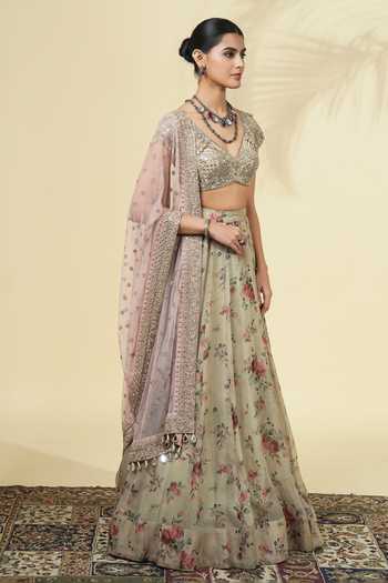 Shop_Arpita Mehta_Rose Gold Net, Organza V-neck Vintage Print Lehenga Set _Online_at_Aza_Fashions