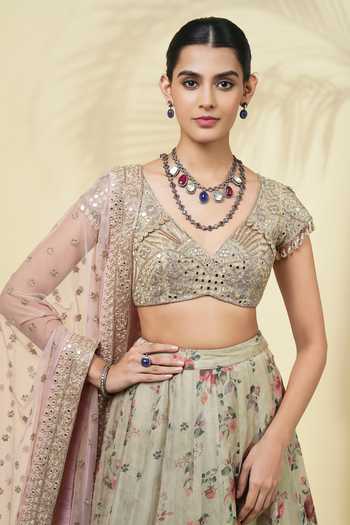 Arpita Mehta_Rose Gold Net, Organza V-neck Vintage Print Lehenga Set _at_Aza_Fashions