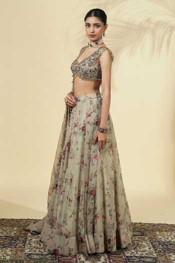 Arpita Mehta_Green Organza, Net V-neck Vintage Rose Print Lehenga Set _Online_at_Aza_Fashions