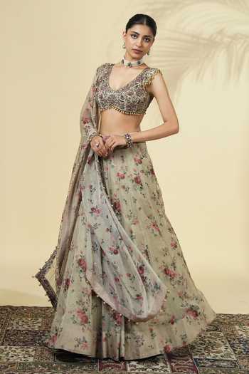 Buy_Arpita Mehta_Green Organza, Net V-neck Vintage Rose Print Lehenga Set _Online_at_Aza_Fashions
