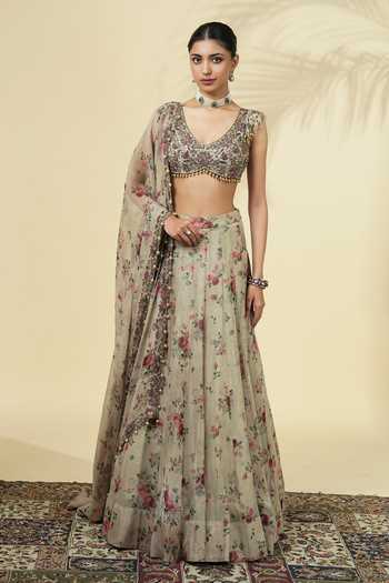 Buy_Arpita Mehta_Green Organza, Net V-neck Vintage Rose Print Lehenga Set _at_Aza_Fashions