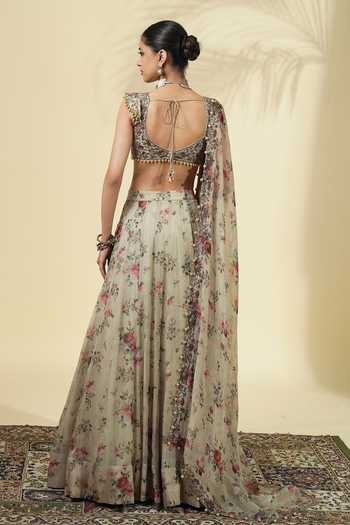 Shop_Arpita Mehta_Green Organza, Net V-neck Vintage Rose Print Lehenga Set _at_Aza_Fashions