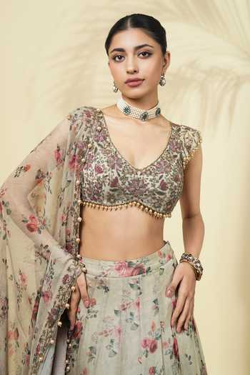 Shop_Arpita Mehta_Green Organza, Net V-neck Vintage Rose Print Lehenga Set _Online_at_Aza_Fashions
