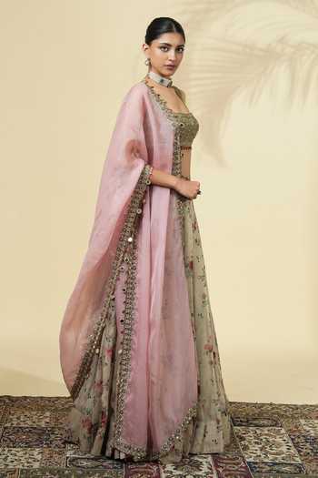 Arpita Mehta_Green Net, Organza Square Neck Printed Lehenga Set _Online_at_Aza_Fashions