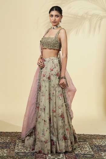 Buy_Arpita Mehta_Green Net, Organza Square Neck Printed Lehenga Set _Online_at_Aza_Fashions