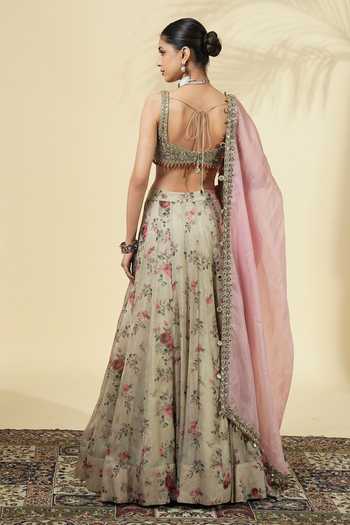 Shop_Arpita Mehta_Green Net, Organza Square Neck Printed Lehenga Set _at_Aza_Fashions