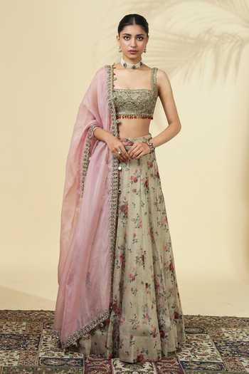 Buy_Arpita Mehta_Green Net, Organza Square Neck Printed Lehenga Set _at_Aza_Fashions