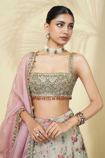 Shop_Arpita Mehta_Green Net, Organza Square Neck Printed Lehenga Set _Online_at_Aza_Fashions