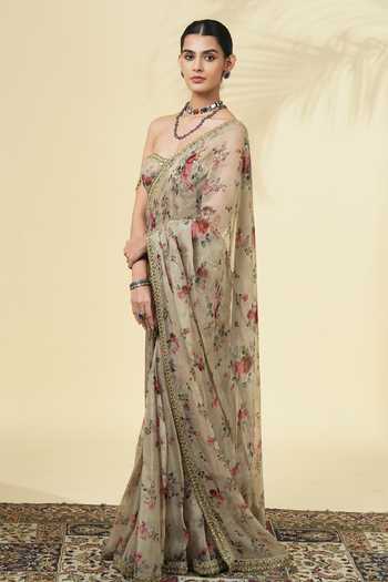 Arpita Mehta_Green Organza Tassels, Beads Bandeau Neck Printed Saree And Corset Set _Online_at_Aza_Fashions