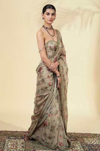 Buy_Arpita Mehta_Green Organza Tassels, Beads Bandeau Neck Printed Saree And Corset Set _Online_at_Aza_Fashions