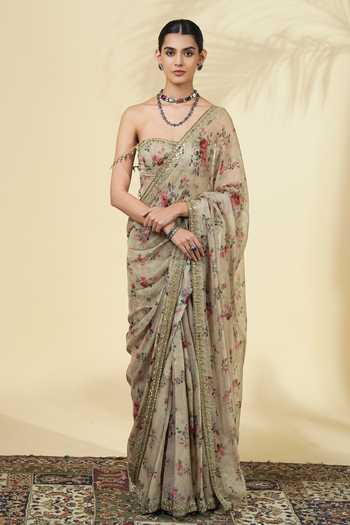 Buy_Arpita Mehta_Green Organza Tassels, Beads Bandeau Neck Printed Saree And Corset Set _at_Aza_Fashions