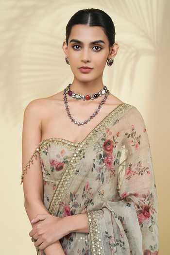 Shop_Arpita Mehta_Green Organza Tassels, Beads Bandeau Neck Printed Saree And Corset Set _Online_at_Aza_Fashions