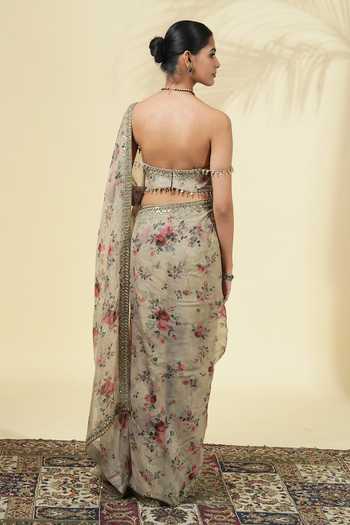 Shop_Arpita Mehta_Green Organza Tassels, Beads Bandeau Neck Printed Saree And Corset Set _at_Aza_Fashions