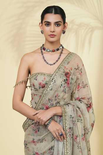 Arpita Mehta_Green Organza Tassels, Beads Bandeau Neck Printed Saree And Corset Set _at_Aza_Fashions