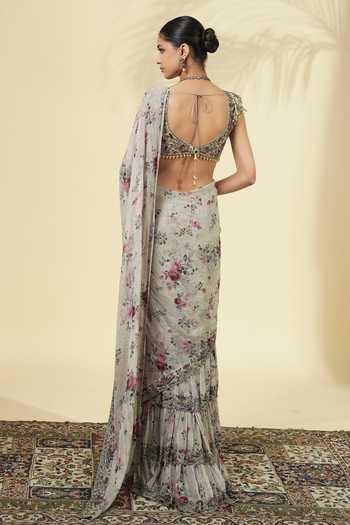 Shop_Arpita Mehta_Ivory Georgette, Net V-neck Vintage Rose Print Saree And Blouse Set _at_Aza_Fashions