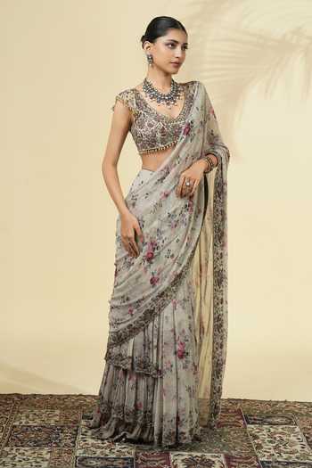 Buy_Arpita Mehta_Ivory Georgette, Net V-neck Vintage Rose Print Saree And Blouse Set _Online_at_Aza_Fashions