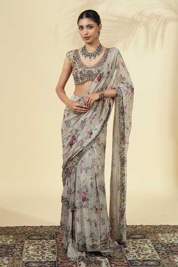 Buy_Arpita Mehta_Ivory Georgette, Net V-neck Vintage Rose Print Saree And Blouse Set _at_Aza_Fashions