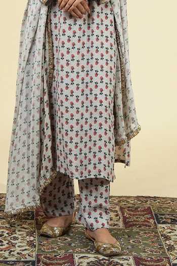 Arpita Mehta_Ivory Silk, Crepe, Georgette Round Neck Vintage Rose Butti Print Kurta Pant Set _Online_at_Aza_Fashions