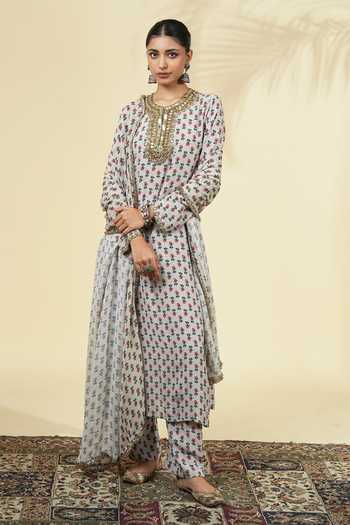 Shop_Arpita Mehta_Ivory Silk, Crepe, Georgette Round Neck Vintage Rose Butti Print Kurta Pant Set _Online_at_Aza_Fashions