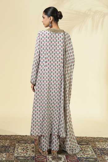 Shop_Arpita Mehta_Ivory Silk, Crepe, Georgette Round Neck Vintage Rose Butti Print Kurta Pant Set _at_Aza_Fashions