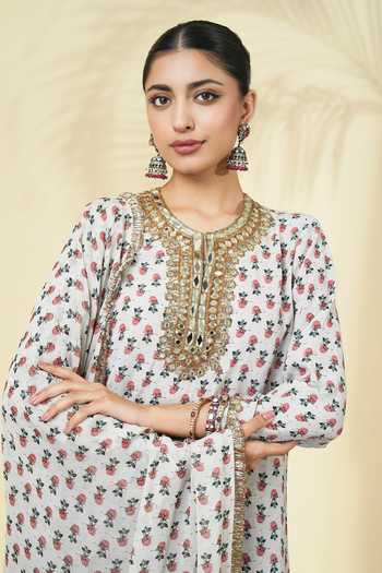 Buy_Arpita Mehta_Ivory Silk, Crepe, Georgette Round Neck Vintage Rose Butti Print Kurta Pant Set 