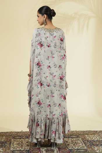 Shop_Arpita Mehta_Ivory Silk, Crepe Round Neck Vintage Rose Print Kaftan And Pant Set _at_Aza_Fashions