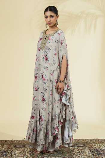 Arpita Mehta_Ivory Silk, Crepe Round Neck Vintage Rose Print Kaftan And Pant Set _Online_at_Aza_Fashions