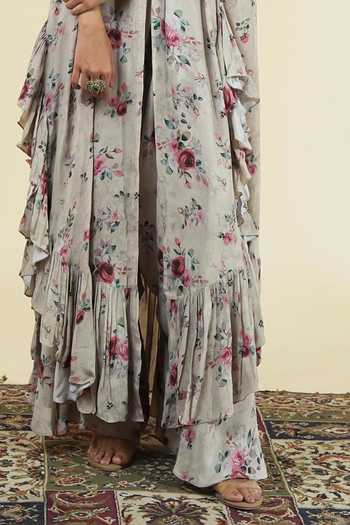 Buy_Arpita Mehta_Ivory Silk, Crepe Round Neck Vintage Rose Print Kaftan And Pant Set _Online_at_Aza_Fashions
