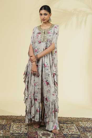 Buy_Arpita Mehta_Ivory Silk, Crepe Round Neck Vintage Rose Print Kaftan And Pant Set _at_Aza_Fashions