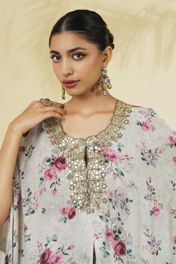 Shop_Arpita Mehta_Ivory Silk, Crepe Round Neck Vintage Rose Print Kaftan And Pant Set _Online_at_Aza_Fashions