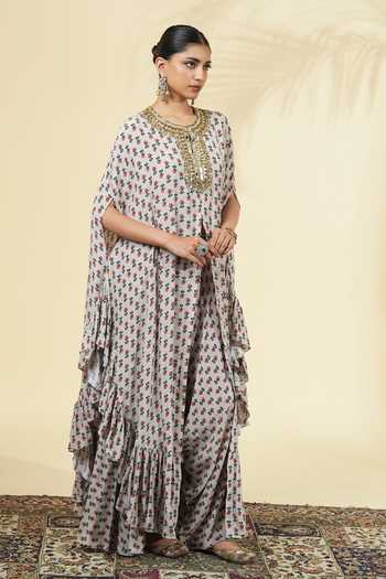 Buy_Arpita Mehta_Ivory Silk, Crepe Round Neck Vintage Rose Butti Print Kaftan And Pant Set _at_Aza_Fashions