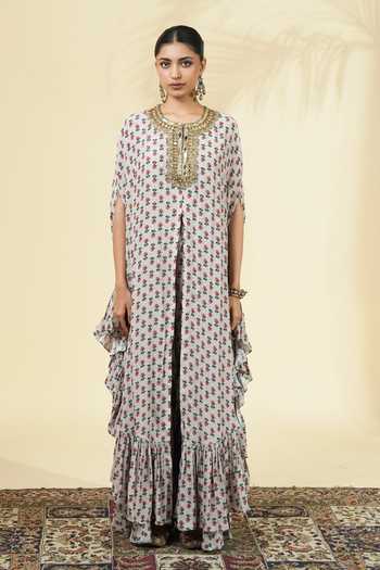 Arpita Mehta_Ivory Silk, Crepe Round Neck Vintage Rose Butti Print Kaftan And Pant Set _Online_at_Aza_Fashions