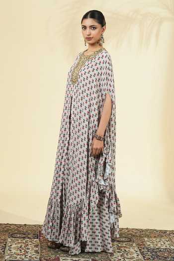 Buy_Arpita Mehta_Ivory Silk, Crepe Round Neck Vintage Rose Butti Print Kaftan And Pant Set _Online_at_Aza_Fashions