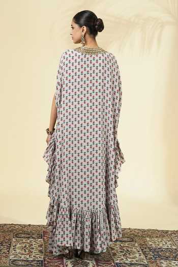 Shop_Arpita Mehta_Ivory Silk, Crepe Round Neck Vintage Rose Butti Print Kaftan And Pant Set _at_Aza_Fashions