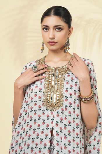 Shop_Arpita Mehta_Ivory Silk, Crepe Round Neck Vintage Rose Butti Print Kaftan And Pant Set _Online_at_Aza_Fashions
