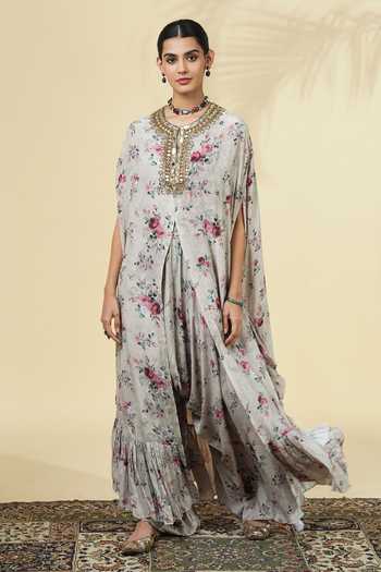 Buy_Arpita Mehta_Ivory Silk, Crepe Round Neck Printed Kaftan And Pant Set _at_Aza_Fashions