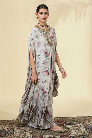 Arpita Mehta_Ivory Silk, Crepe Round Neck Printed Kaftan And Pant Set _Online_at_Aza_Fashions